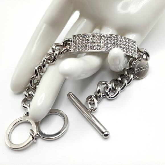 Chico's Pave Rhinestone Silver I.D. Style Bracelet, Toggle Clasp, 8 1/2 Inches - Picture 5 of 9
